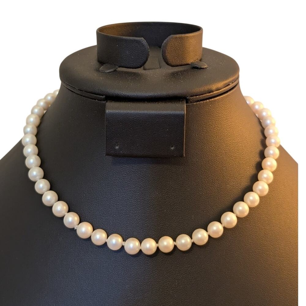Vintage Sterling Silver Clasp Hand Knotted 12mm Faux Pearl 15.5" Necklace